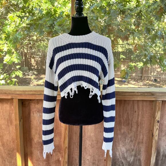 Zara Women's Navy And White Striped Cropped Distressed Sweater Size S - Picture 1 of 9